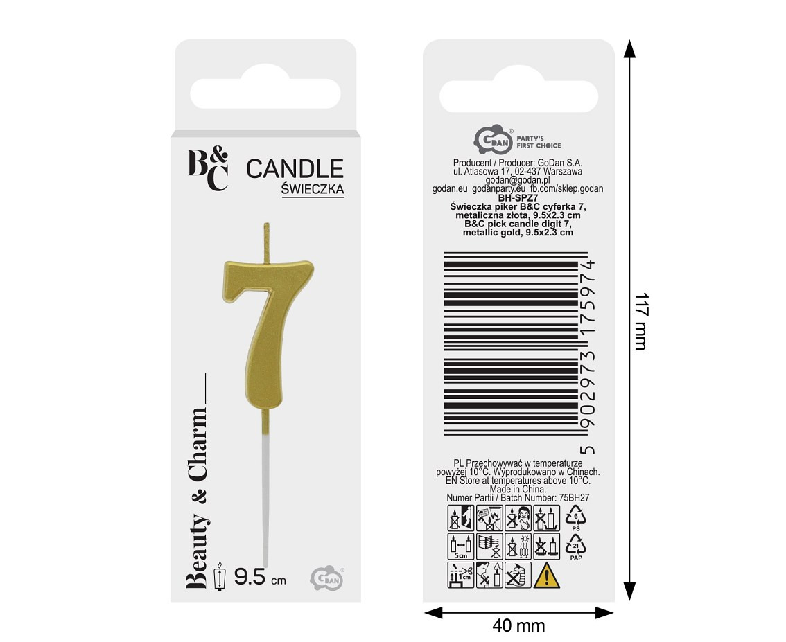 B&C pick candle digit 7, metallic gold, total lenght 9,5 cm